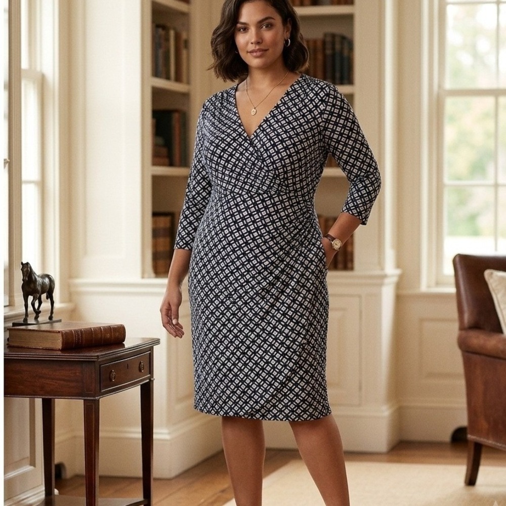 Lauren Ralph Lauren Navy White Geometric Faux Wrap Ruched Dress 18W Plus Stretch